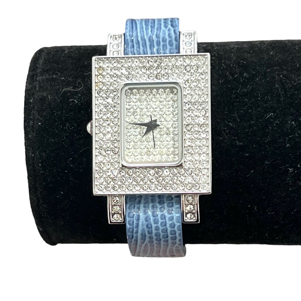 ADRIENNE LIMITED PAVE CRYSTAL ART DECO WATCH W BLUE LEATHER LIZARD PRINT BAND